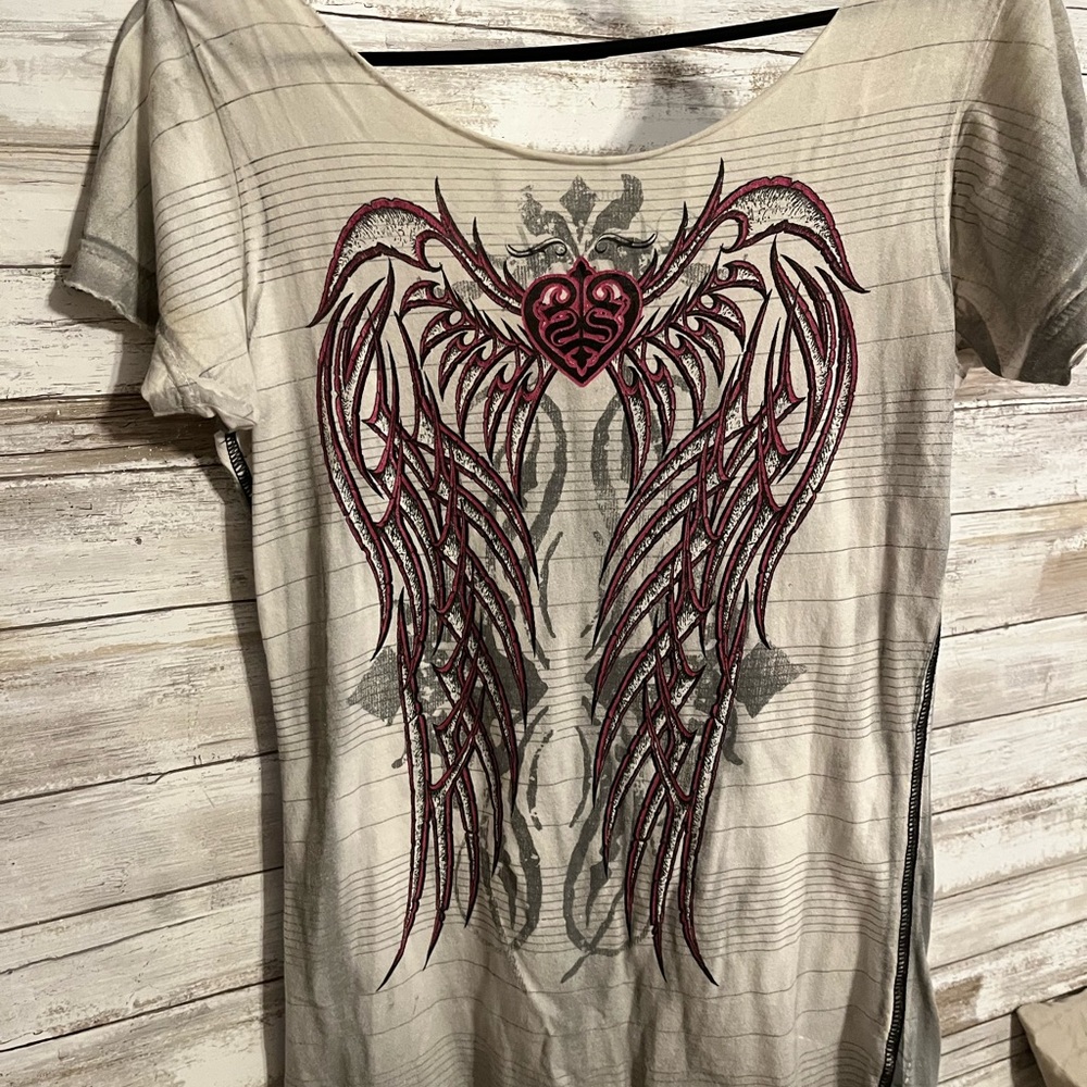 sinful by Affliction White with black and pink design T-shirt, size Medium.